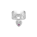 Textured S925 sterling silver open ring featuring a heart pendant with pink zircon - Platinum