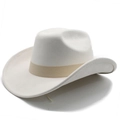 Detail of suede western cowboy hat with decorative woven ribbon and curved brim - M(56-58cm) / Beige (Suede)