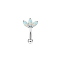 Macro view of silver eyebrow piercing featuring three marquise opals and a metal ball - Silver Opal Heart