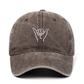 Detailed close-up of white Shaka sign embroidery on dark brown washed cotton baseball cap - One Size / Dark Coffee