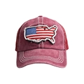 Detail einer burgunderroten Vintage-Baseballkappe mit USA-Stickerei und Kontrastnähten - Einheitsgröße / Burgunderrot