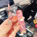 Pink unicorn liquid keychain in a milk tea cup shape with floating glitter and wrist strap - Pink-New Milk Tea Cup Unicorn