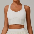 Weißes Sport-Crop-Top mit elegantem floralem Spitzenbesatz und breiten Trägern - L / Vintage Aprikose