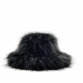 Faux fur winter bucket hat in black with fluffy texture and punk style aesthetic - Black