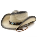 Ombre woven straw cowboy hat with brown leather band and turquoise stone accent - M (56-58cm) / Beige Black Gradient