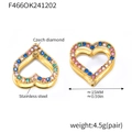 Macro shot of stainless steel heart earrings with colorful inlaid Czech diamonds - Gold Heart Mixed Color Rhinestone