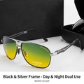 Men's pilot style half-frame photochromic sunglasses with yellow-green lenses - Black Silver Frame HD Polarized Yellow-Green Lens (Day & Night Use)