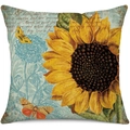 Linen sunflower pillowcase with hand-painted yellow petals and blue vintage floral print - 45x45cm Pillow Cover / Blue Vintage Sunflower Illustration-3 (24ym0756-3)