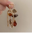 Detail of asymmetric long drop earrings with amber crystals and gold-tone tassels - Amber Asymmetric Gemstone Tassel (33# Silver Needle)