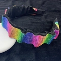 Baroque padded headband with colorful rainbow rhinestones on pleated black fabric - Rainbow Rhinestone (Wide)