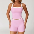 Roze en witte yogaset met halter sportbeha en nauwsluitende korte broek met hoge taille - S / Tanktop + Shorts / Kersenbloesem Roze