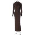 Detail of the high collar pleated design and smooth silk texture on this brown maxi dress - S / Brown