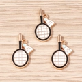 Pendentifs de raquette et volant de badminton DIY avec bordure dorée sur bois - Lot de 10 / Noir