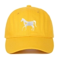 Close-up of yellow cotton baseball cap featuring detailed white horse embroidery and heart detail - Adjustable / Yellow