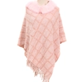 Poncho en maille chenille rose avec col en fausse fourrure et ourlet à franges - 85*80CM / Rose