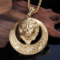 Detailed view of a gold lion head pendant with a twisted chain on dark wood background - Gold Pendant (KP36498-D)