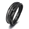 Bracciale multistrato in pelle nera da uomo con croce in metallo nero e chiusura magnetica - Nero 21cm