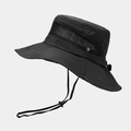 Detail view of breathable side mesh window and metal side buckle on black outdoor sun hat - One Size / Black