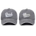 Detail of grey washed cotton baseball caps with Dad and Mom white 3D embroidery - One Size / Gray