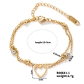 Detalle de pulsera de doble cadena dorada con colgante de corazón, circón y dimensiones - Estilo de Corazón Dorado (B00681-1)