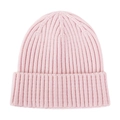 Close-up of baby pink knit beanie with fine ribbed texture and folded cuff detail - Pink
