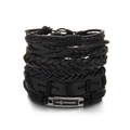 Detail of multi-layer black leather bracelet set featuring a metallic cross plate - Black Cross Metal Plate Style (BR22Y0227)