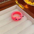 Vibrant pink resin frog ring with cute smiley face in a luxury wooden jewelry box - 12# Pink Frog Ring (AQ106)