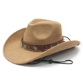 Classic camel faux suede wide brim cowboy hat with decorative band and chin strap - M (56-58cm) / Camel