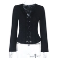 Detail van zwart vest met kantafwerking, V-hals en knoopsluiting met slanke pasvorm - S / Zwart