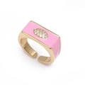 Adjustable gold evil eye ring with pink enamel and micro-set crystals on white background - Adjustable Open / Rectangular Pink