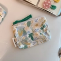Detail of floral cotton coin purse with simple wish tag and green cord zipper puller - White with Khaki Blue Grey Flowers