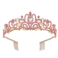 Elegant gold bridal tiara with pink crystals and pear-cut gemstone with side combs - Gold Base Pink Rhinestone