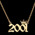 Gold-tone stainless steel crown necklace with 2001 year pendant and fine cross chain - 2001 / Gold