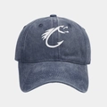 Detail view of a navy washed distressed baseball cap with a white fish hook graphic. - Adjustable / Navy Blue