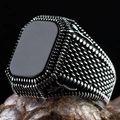 Vintage men's snake-patterned silver ring with square black agate gemstone inlay - Adjustable Open / Square Flat Black Agate