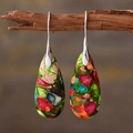 Macro shot of bohemian water drop earrings with colorful mosaic stones on a branch - Multicolor Stone Silver Color Hook