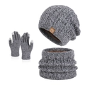 3-piece winter knit set with fleece-lined hat, scarf, and touchscreen gloves in grey - 3-Piece Set (Hat+Scarf+Gloves) / Mixed Black Grey