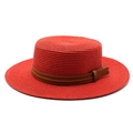 Detail of red boater straw hat featuring twin brown faux leather decorative straps - Red