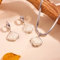 Silver shell jewelry set with mother of pearl necklace and matching hoop earrings - L603-L605 Shell Jewelry Set (Silver)