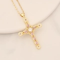 18K gold plated cross pendant necklace with pink and clear cubic zirconia on ceramic plate - Pink