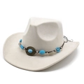 Beige Western cowboy hat with turquoise beads and bronze medallion on a woven band - M(56-59CM) / Beige (Suede)