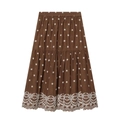 Brauner Baumwoll-Leinenrock mit weißen Blumenstickereien und elastischem Bund - XS / Skirts