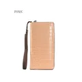 Pink long zipper wallet with crocodile pattern and durable dark brown wrist strap - Pink