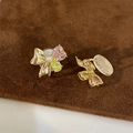 Elegant gold bow clip-on earring with pink heart zircon and green drop gemstone - Bowknot Clip Earrings Gold