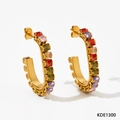 Golden C-shaped stainless steel hoop earrings with square-cut multi-colored cubic zirconia - Gold/Multicolor Zirconia