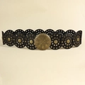Close-up of retro bohemian wide belt featuring gold floral discs and metal eyelets - Bronze Black 101cm