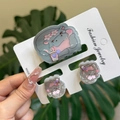 Close-up of cute cartoon hippo hair clip set with pink flowers and acrylic stars - Purple Bow Drink Hippo Clip 3PCS Set