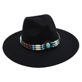 Détail d'un chapeau en feutre noir à bord large avec ruban décoratif en perles turquoise - Taille unique / Noir (Noir 9.5cm [Bead Band])