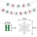 Pancarta Happy Holidays brillante con letras rojas verdes sobre copos y medidas de tamaño - Pancarta de letras HAPPY HOLIDAYS / Rojo Verde Blanco/Brillo