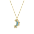 Close-up of golden crescent moon pendant with inlaid blue and white crystals on chain - Single Piece / 18K Gold Moon